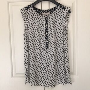 LOFT Petite SP Black White Geo Print Henley Blouse Cap Sleeve Top
